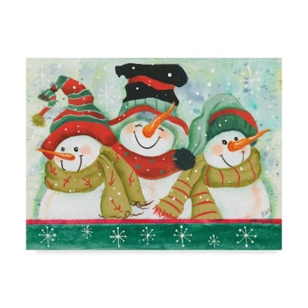 Beverly Johnston 'Snowmen With Scarfs' Canvas Art,18x24